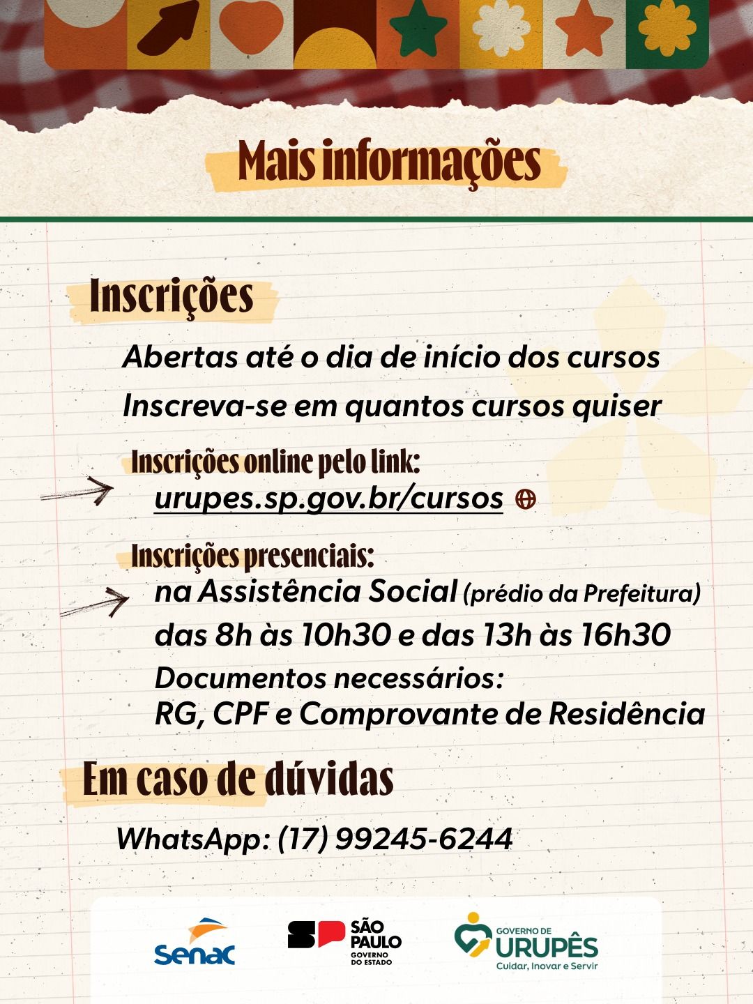 Imagens de divulgação do curso em redes sociais. Artes: Luís Fernando da Silva / Prefeitura Municipal de Urupês.